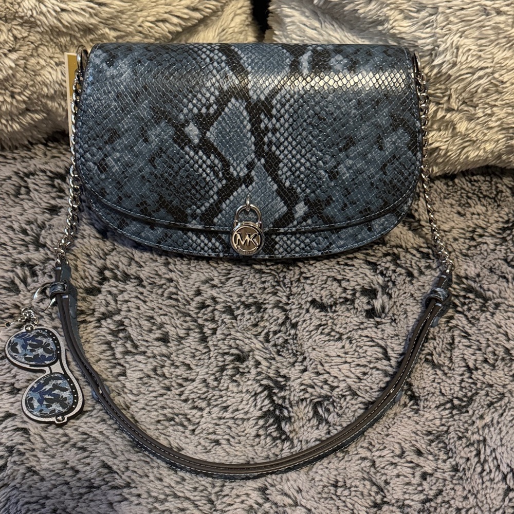 Michael Kors Dark Blue Snake Pattern Crossbody Bag With An Added Key Chain